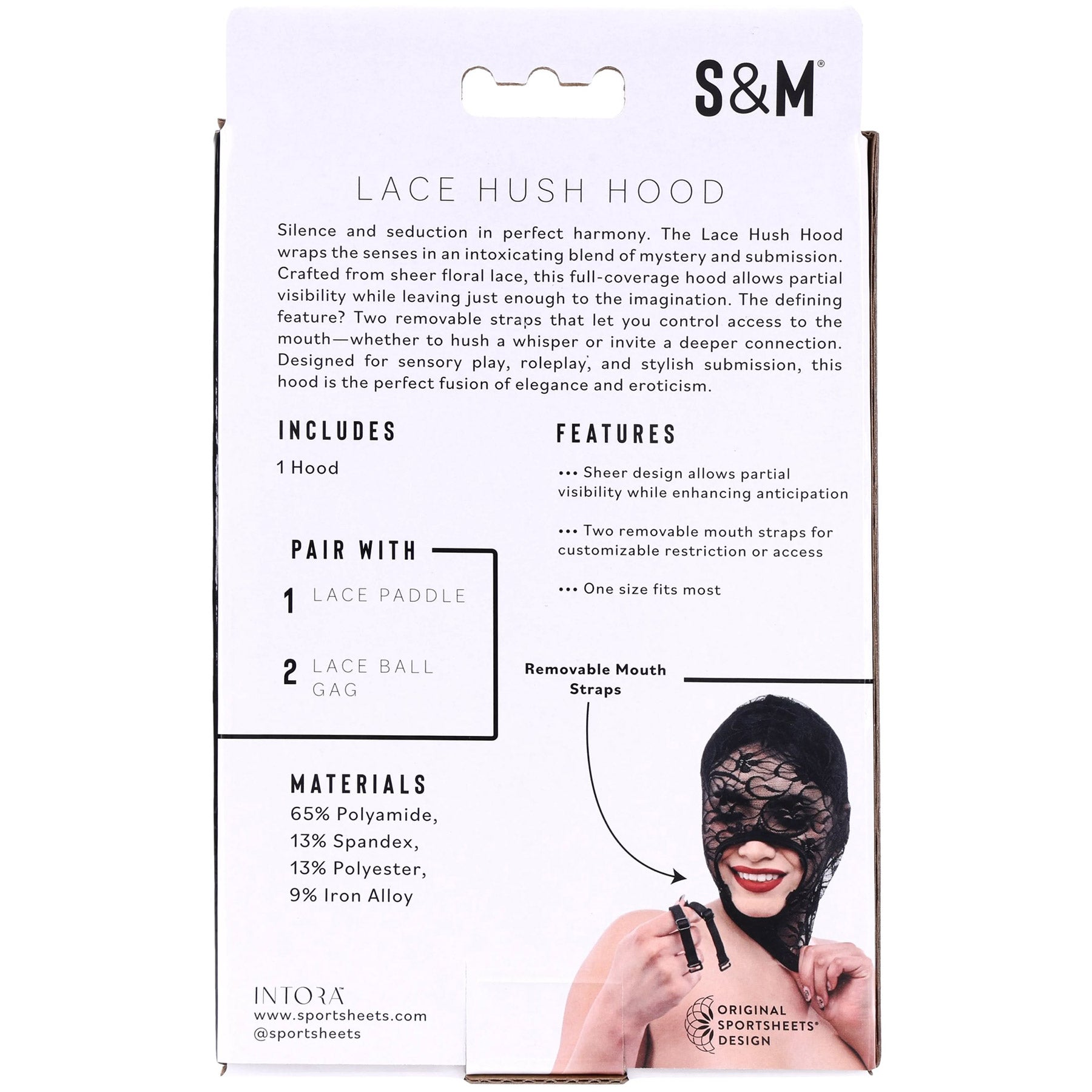 Package of S&M Lace Hush Hood with product details and branding.