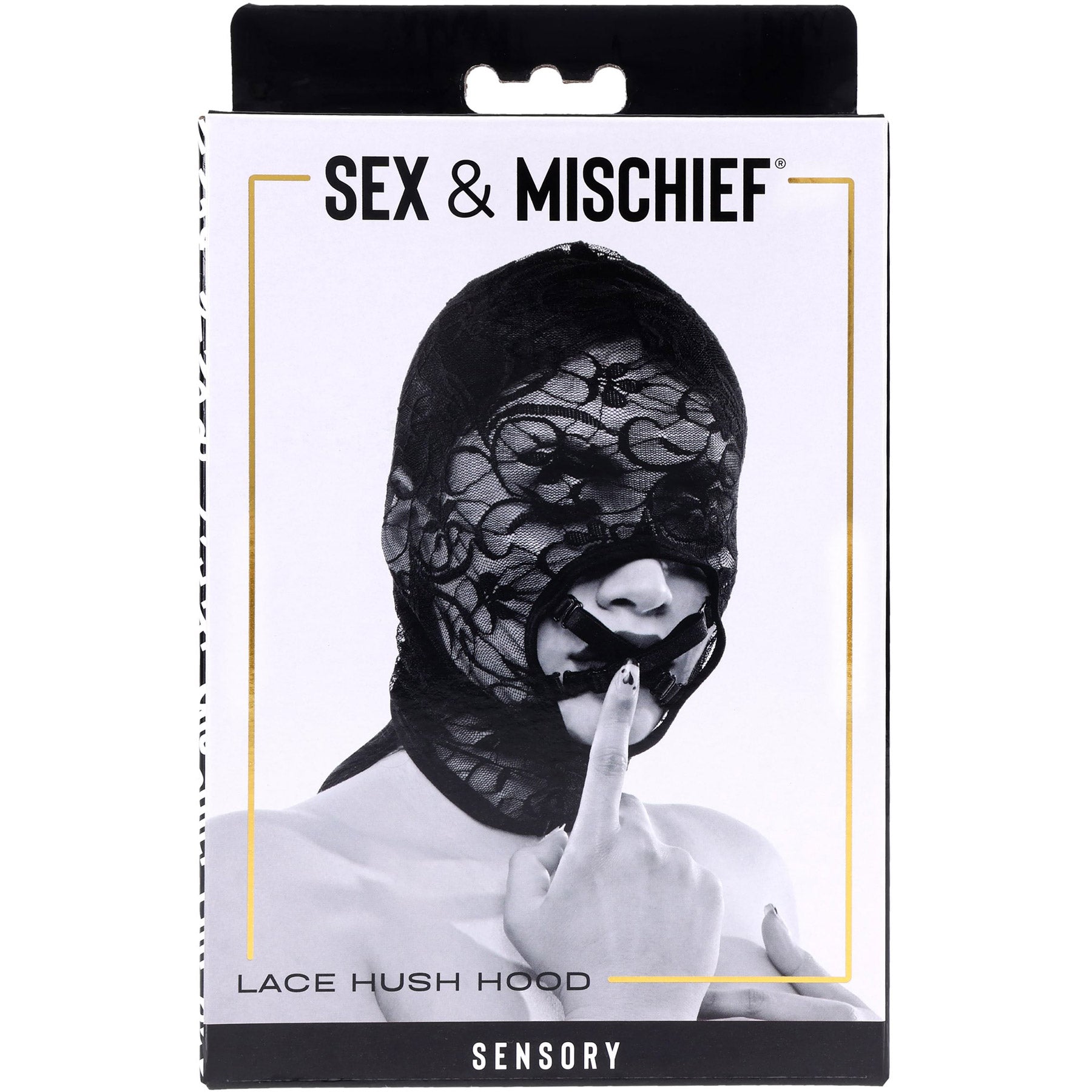 Lace hush hood packaging with 'Sex & Mischief' branding on a white background