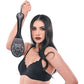 Woman holding a black paddle with a white background
