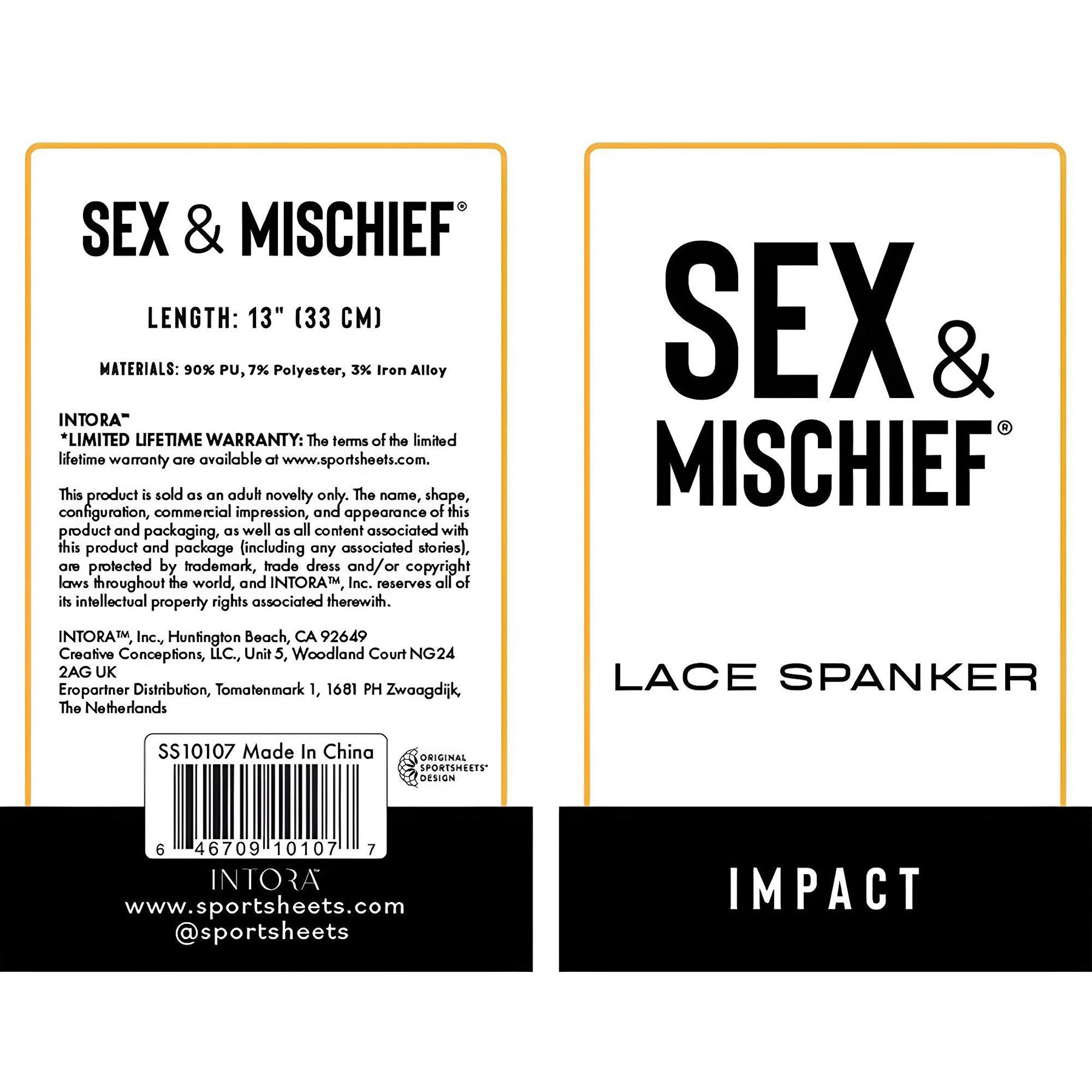 Sex & Mischief lace spanker packaging with product details on a white background