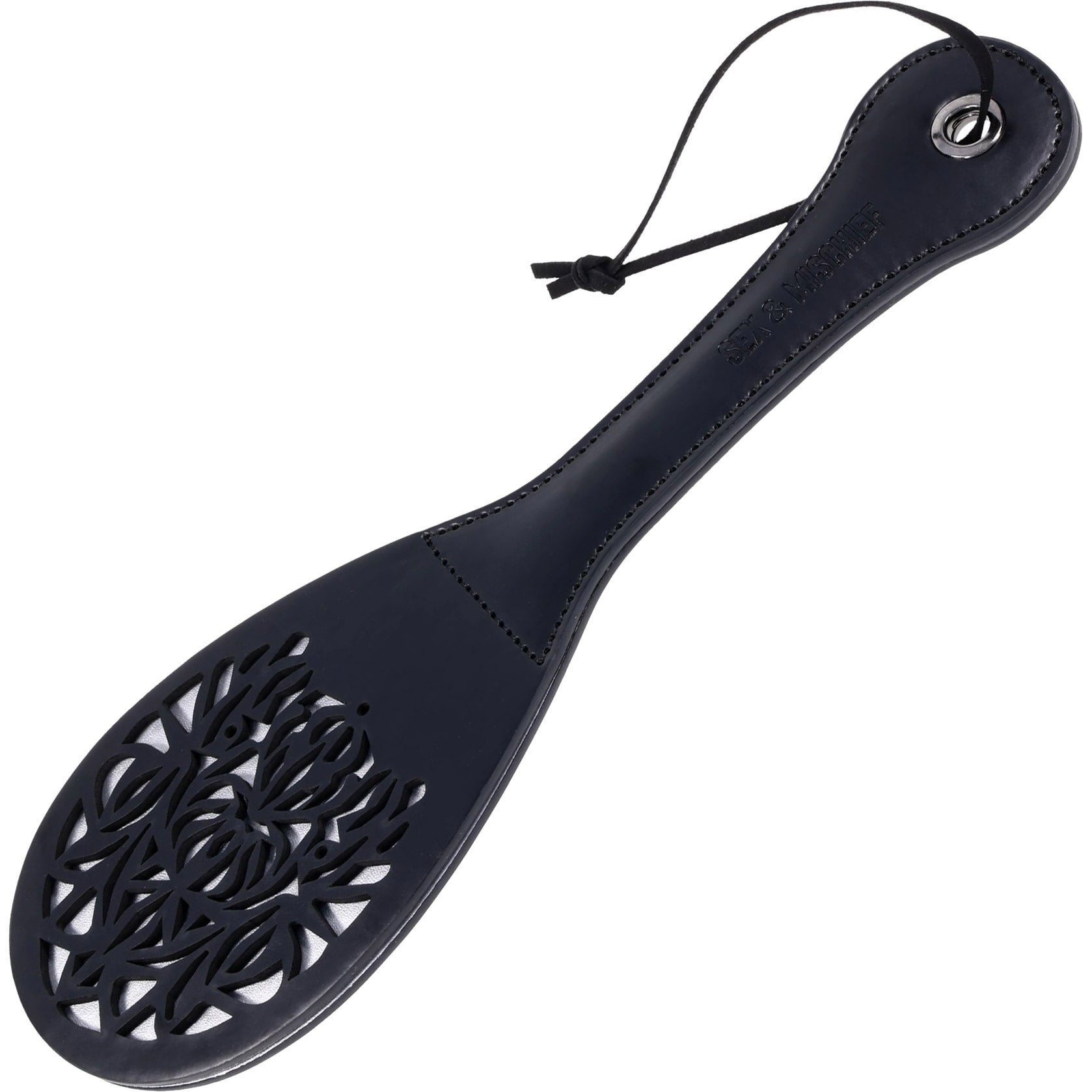 Black leather paddle with decorative cutout design on a white background
