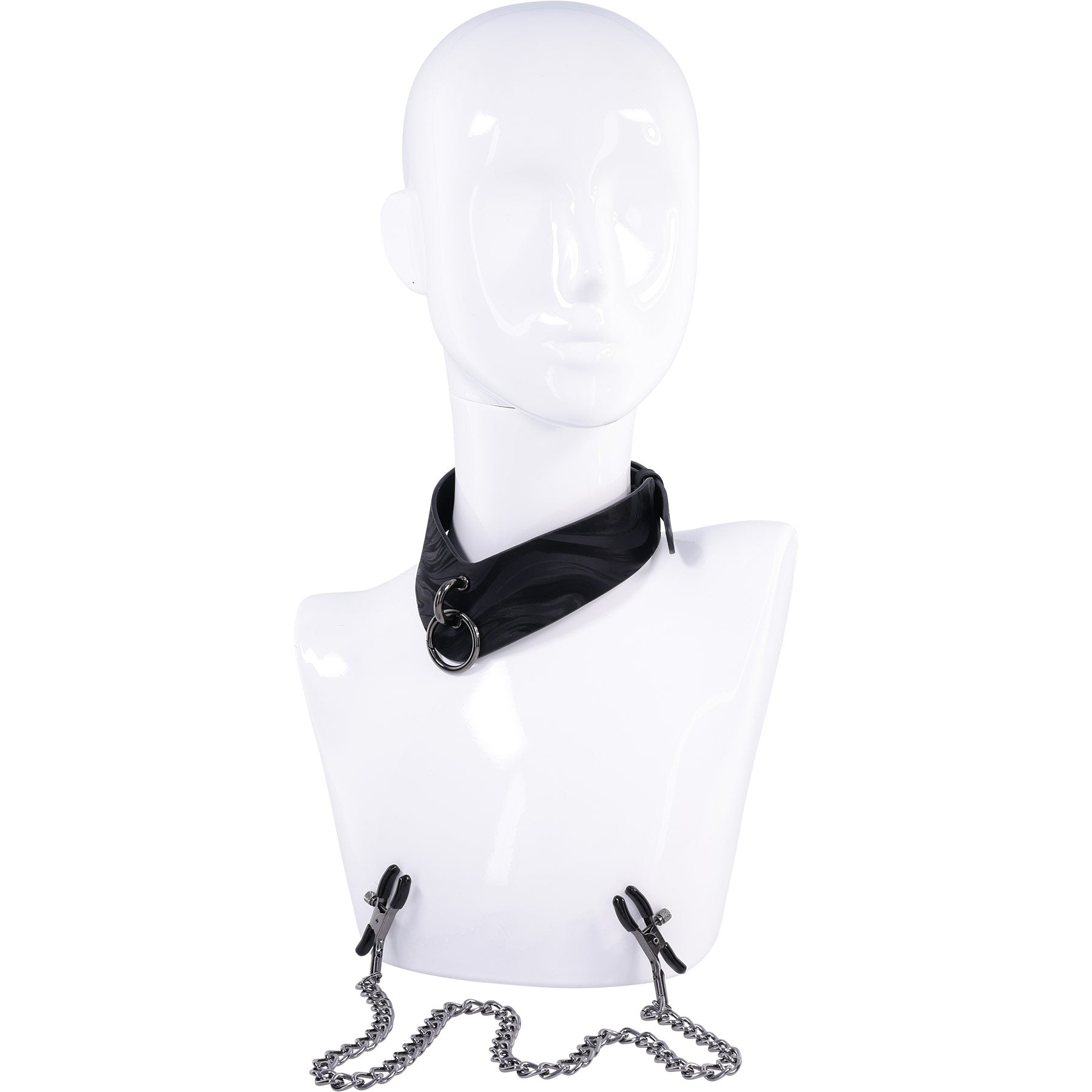 Black leather collar with chain on a white mannequin bust