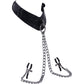 Black leather collar with metal chain and clamps on a white background