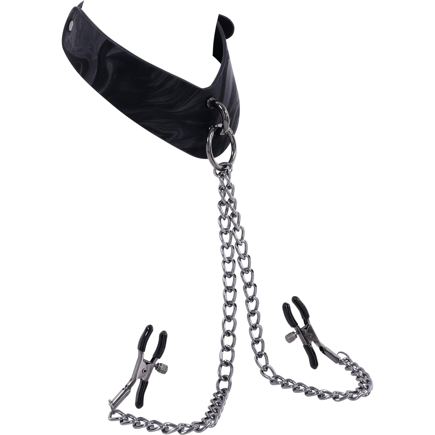 Black leather collar with metal chain and clamps on a white background