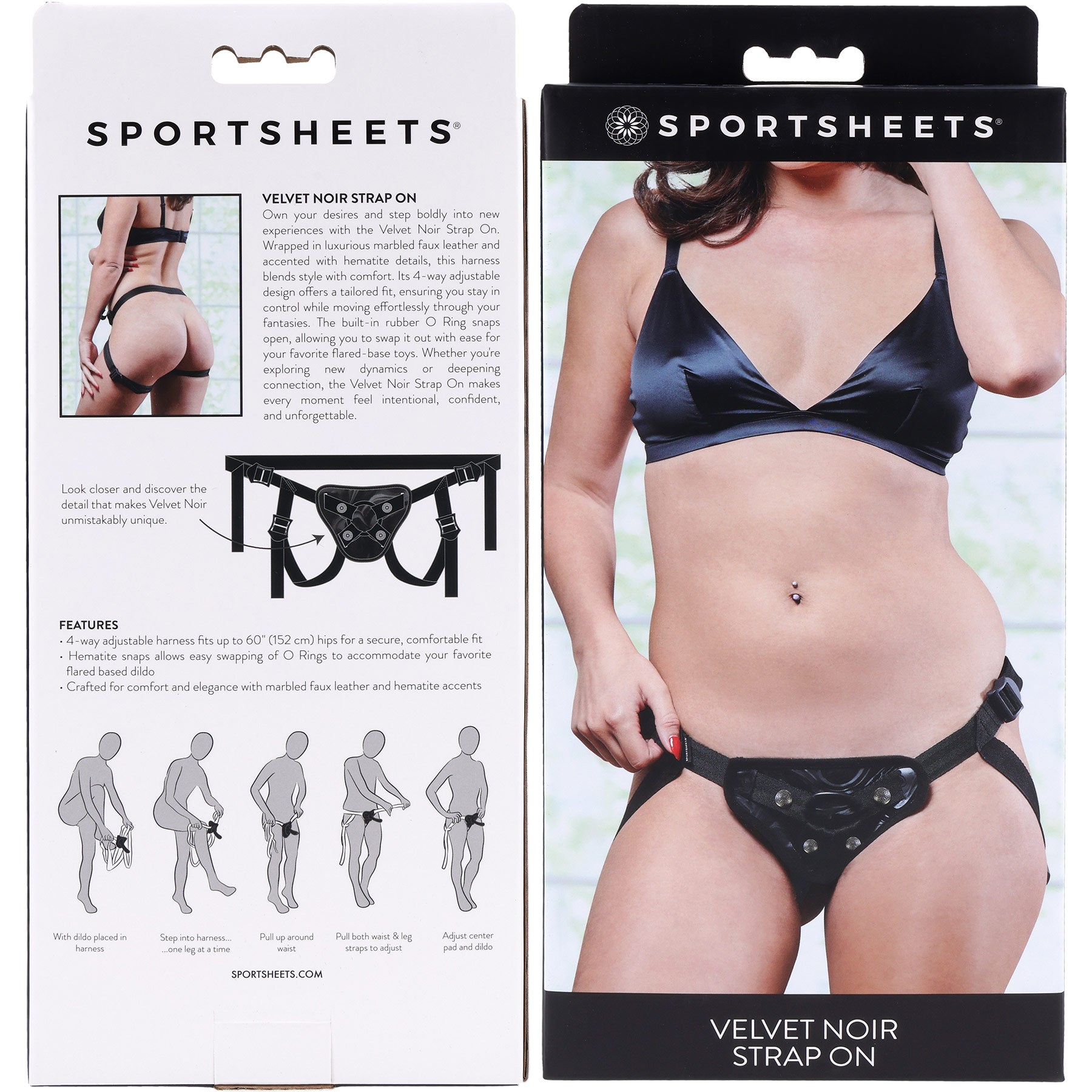 Sportsheets Velvet Noir strap-on packaging with product display and features.