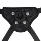 Black harness with metallic buttons on a white background