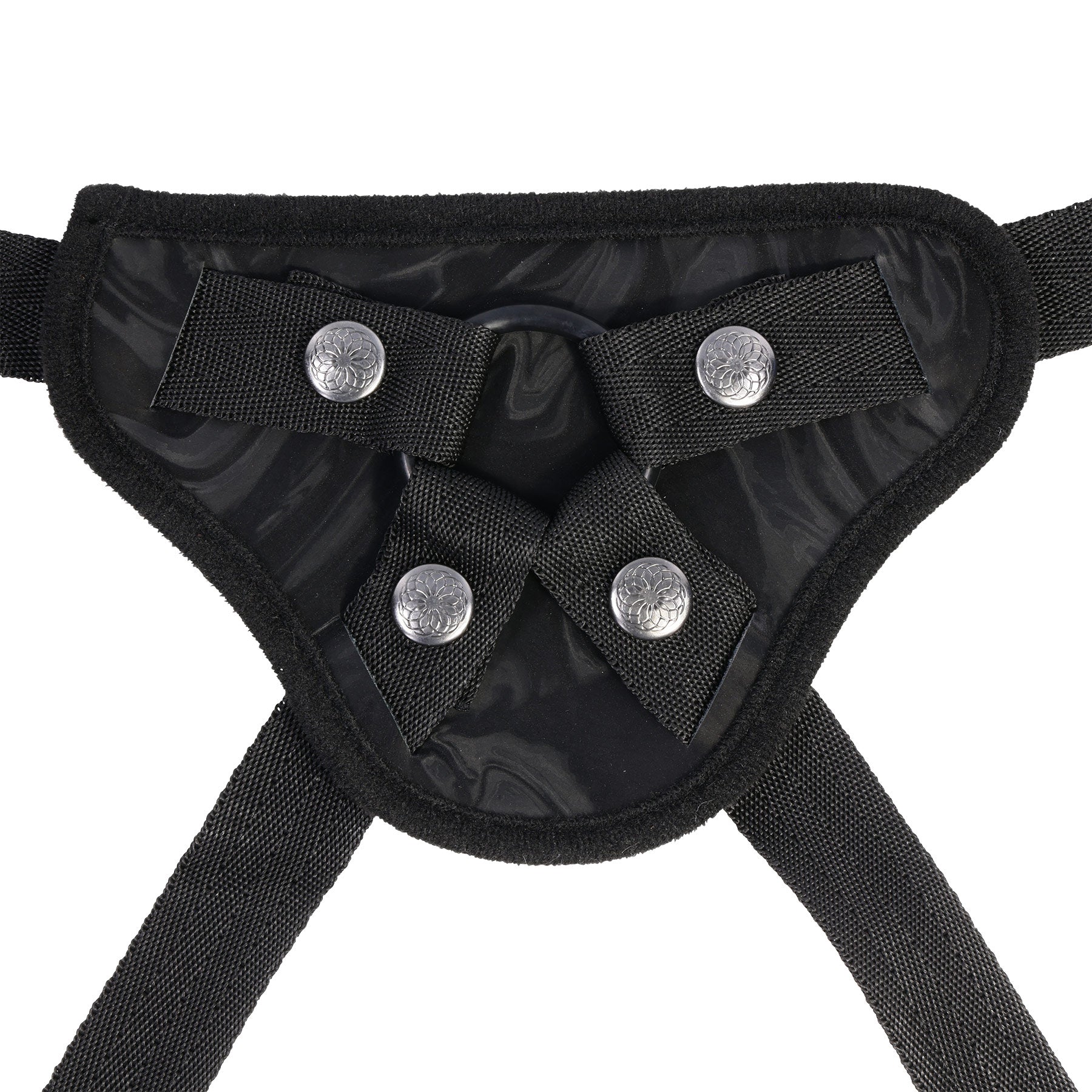Black harness with metallic buttons on a white background