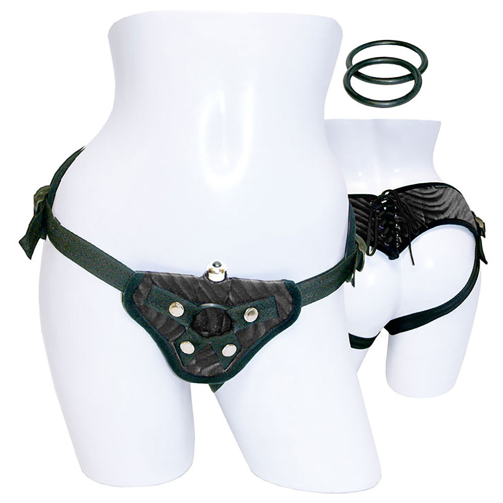 Vibrating Black Corsette Strap-On Harness by Sportsheets