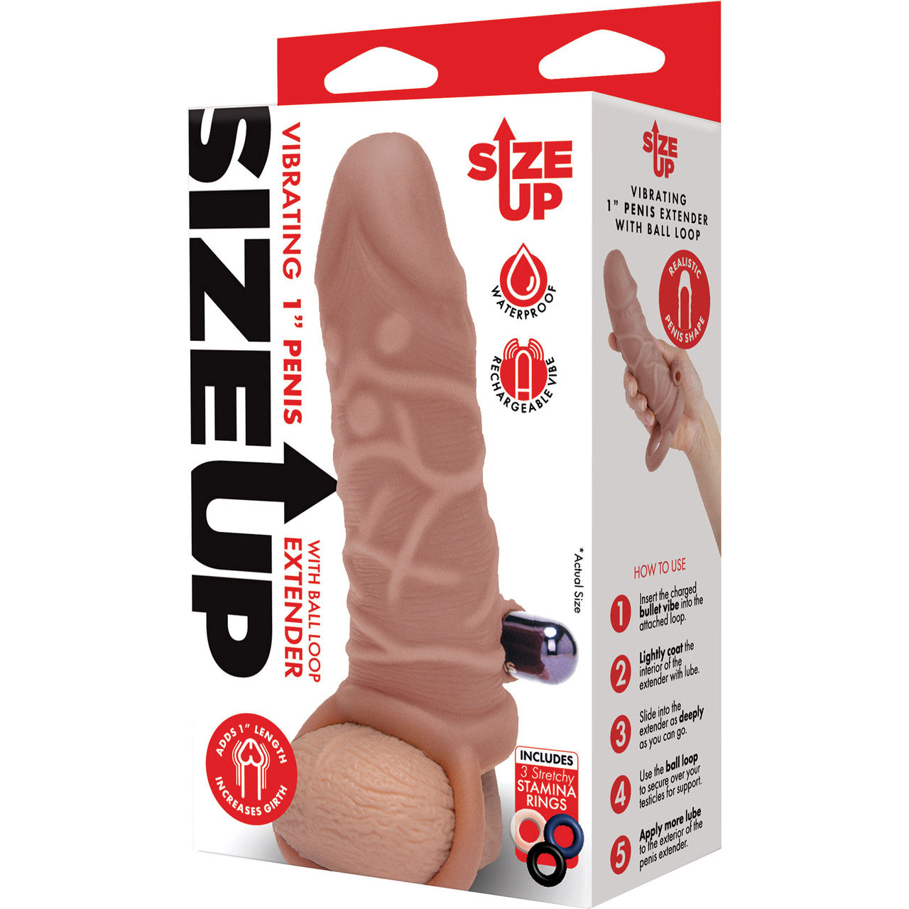 Size Up Silicone Vibrating 1 Inch Realistic Penis Extender With Ball Loop - Caramel