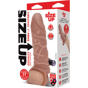 Size Up Silicone Vibrating 1 Inch Realistic Penis Extender With Ball Loop - Caramel