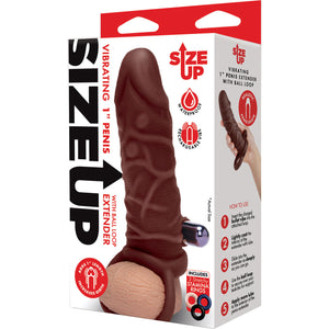 Size Up Silicone Vibrating 1 Inch Realistic Penis Extender With Ball Loop - Chocolate