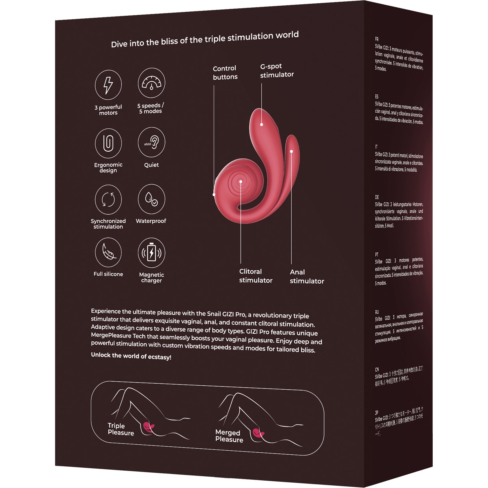 SVibe Snail Gizi Pro Silicone Rechargeable Waterproof Triple G-Spot Vibrator - Bordeaux