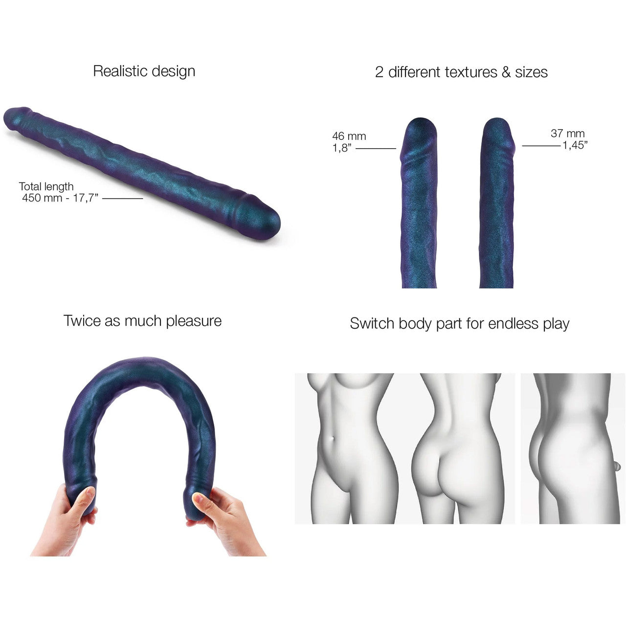 Strap-on-Me Double Dong Realistic Silicone Double Dildo - Metallic Blue