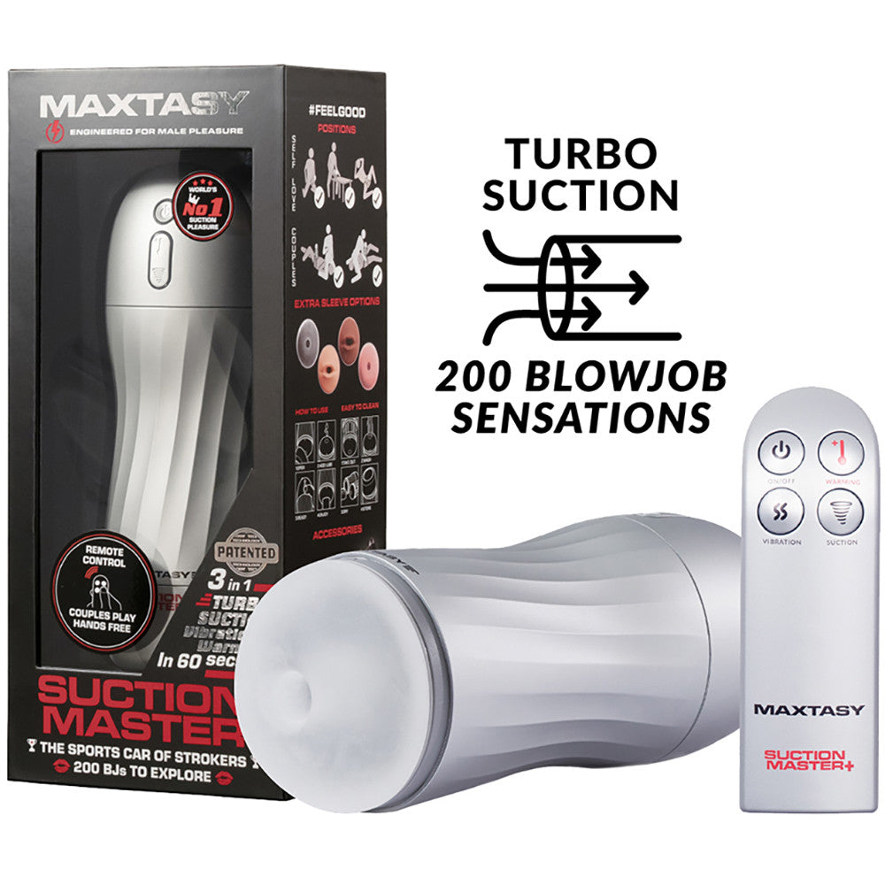 Maxtasy Suction Master+ Rechargeable Warming & Vibrating Penis Masturbator With Remote - Clear