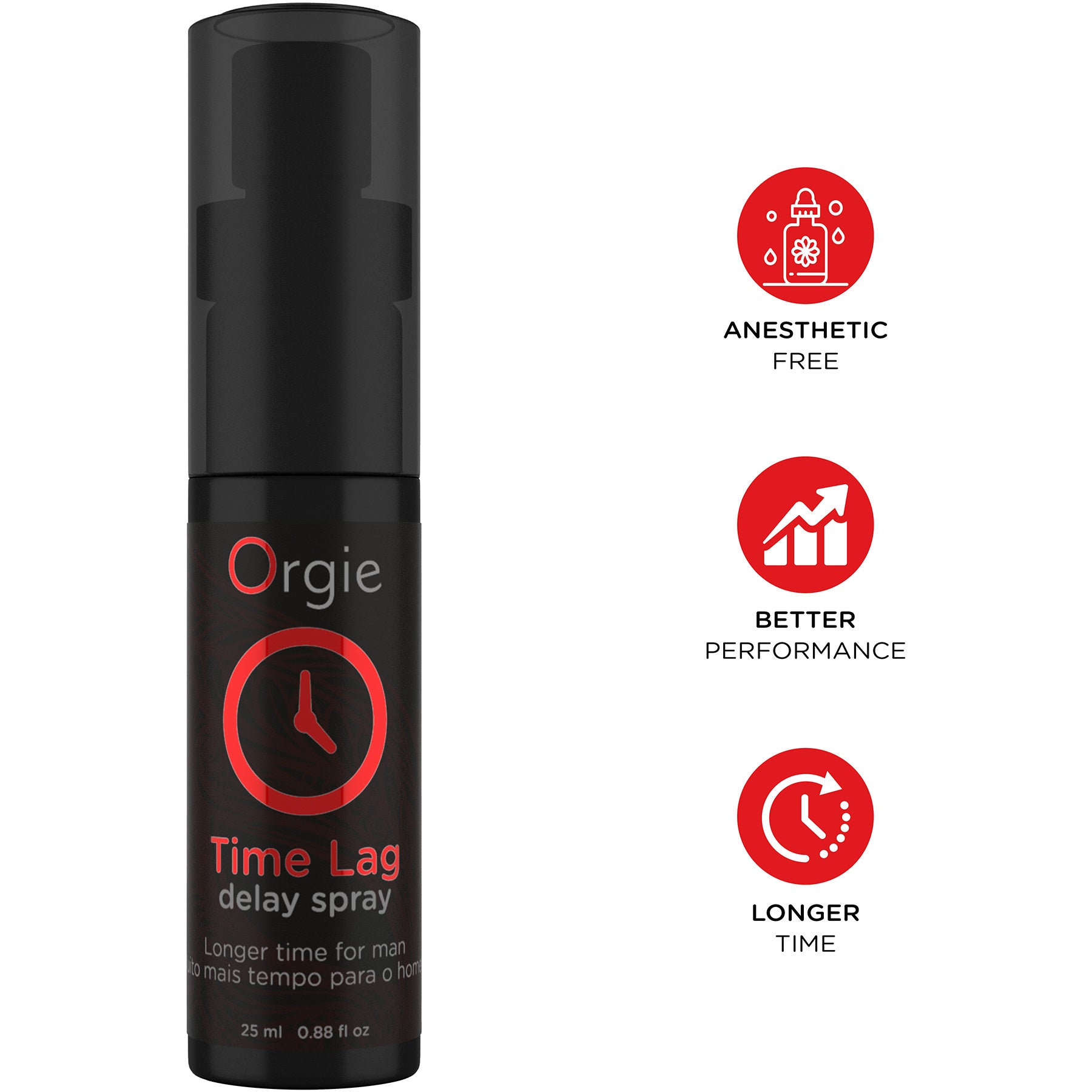 Black spray bottle labeled 'Orgie Time Lag delay spray' with red icons and text on a white background.
