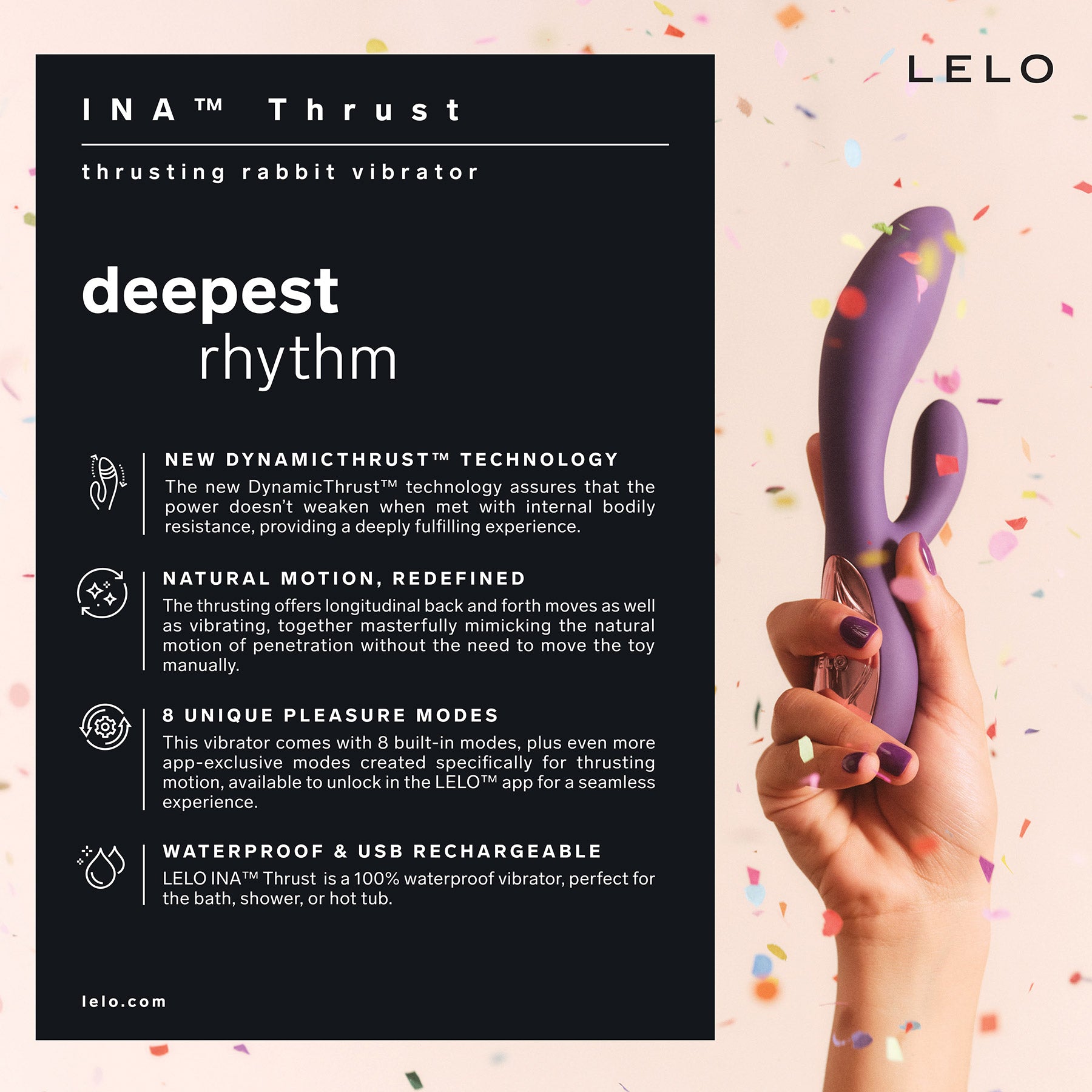 LELO INA™ Thrust Dual-Action Thrusting Vibrating Massager - Infographic