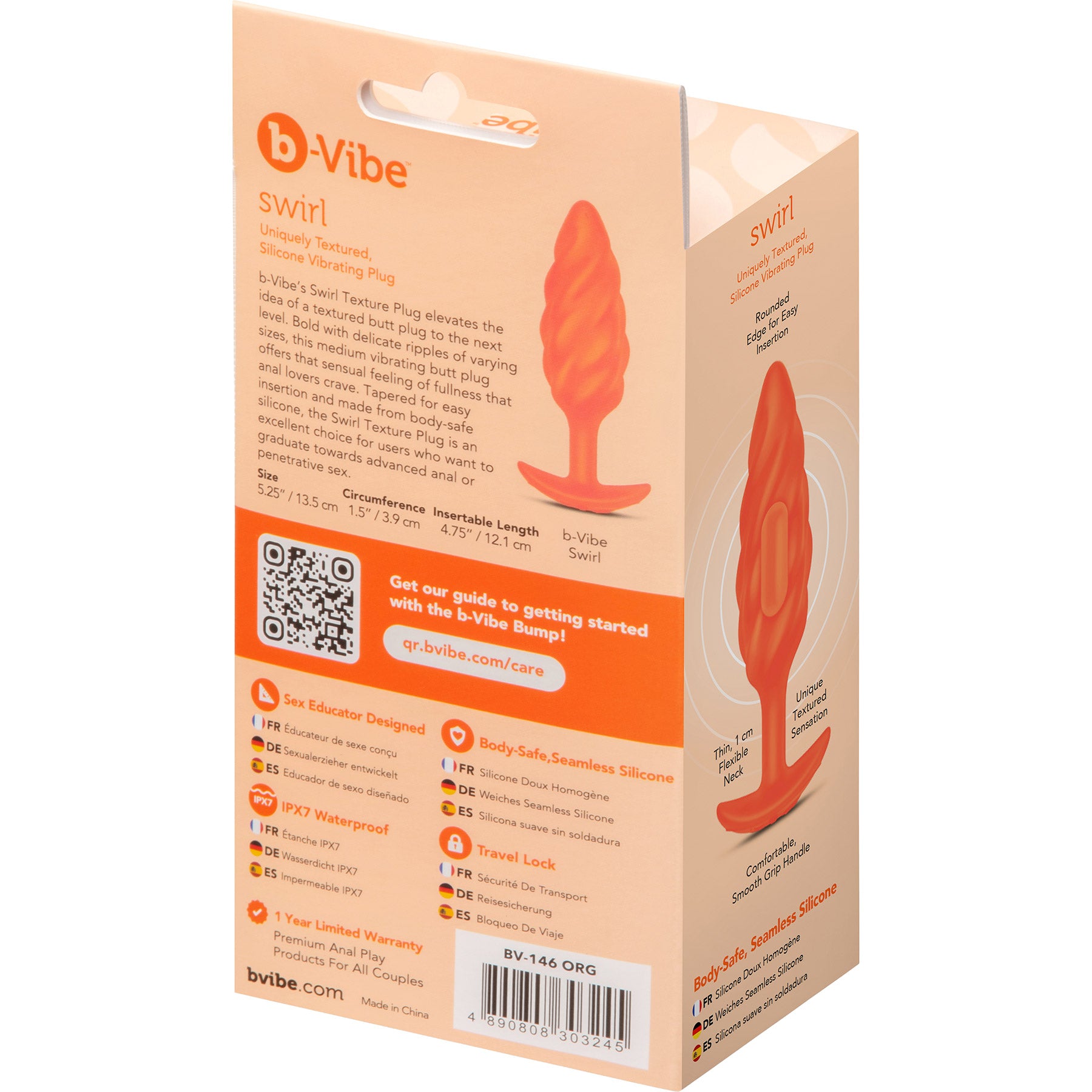 b-Vibe Swirl Textured Silicone Vibrating Butt Plug - Orange