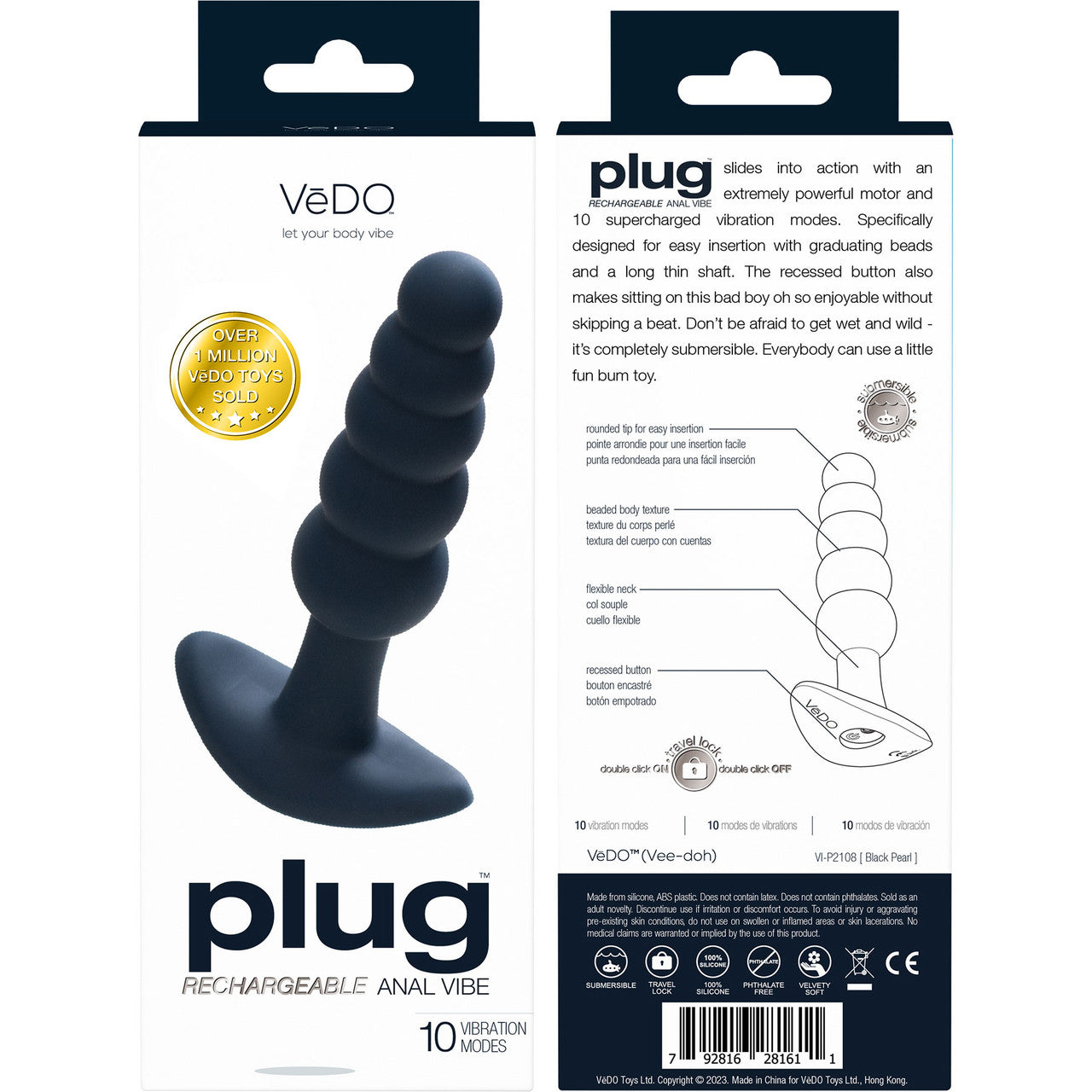 Plug Silicone Rechargeable Waterproof Anal Plug By VeDO - Black Pearl