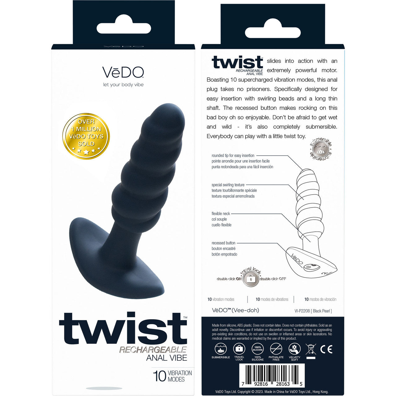 Twist Silicone Rechargeable Waterproof Anal Plug By VeDO - Black Pearl