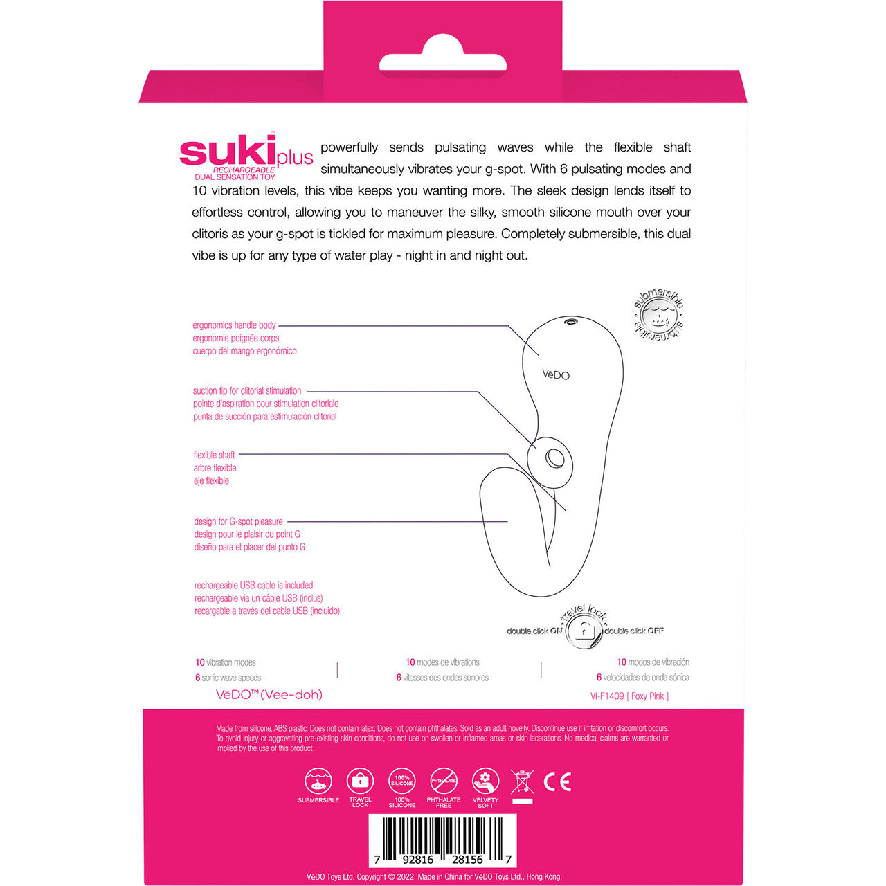 SUKI Plus Rechargeable Silicone Dual Stimulation Vibrator With Clitoral Pulsator By VeDO - Foxy Pink