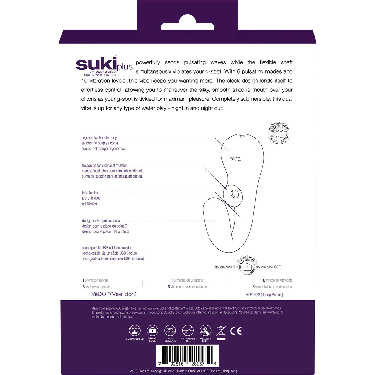 SUKI Plus Rechargeable Silicone Dual Stimulation Vibrator With Clitoral Pulsator By VeDO - Deep Purple