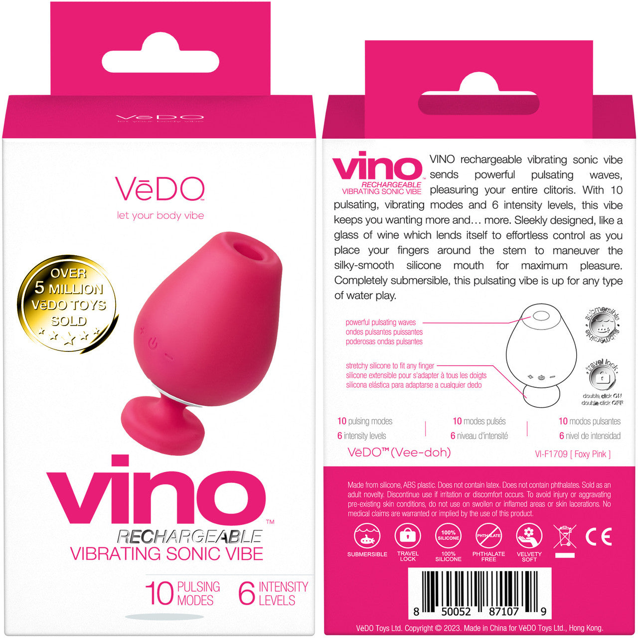 VINO Rechargeable Silicone Vibrating Sonic Clitoral Pulsator By VeDO - Foxy Pink