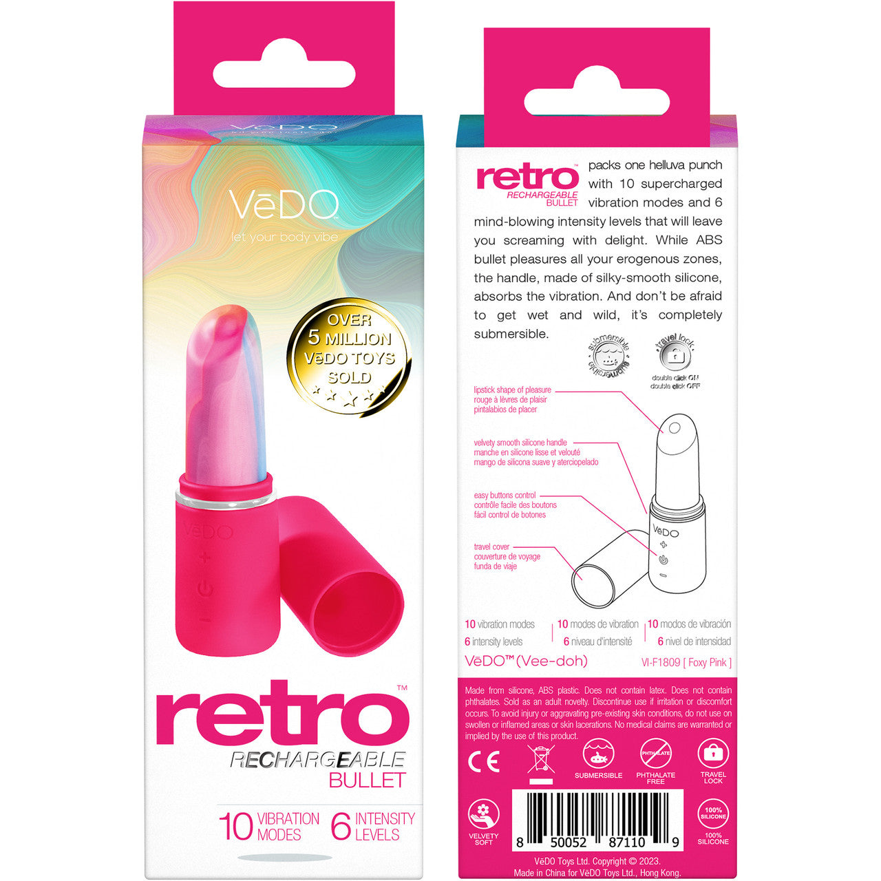 Retro Lipstick Rechargeable Waterproof Silicone Bullet Vibrator By VeDO - Foxy Pink