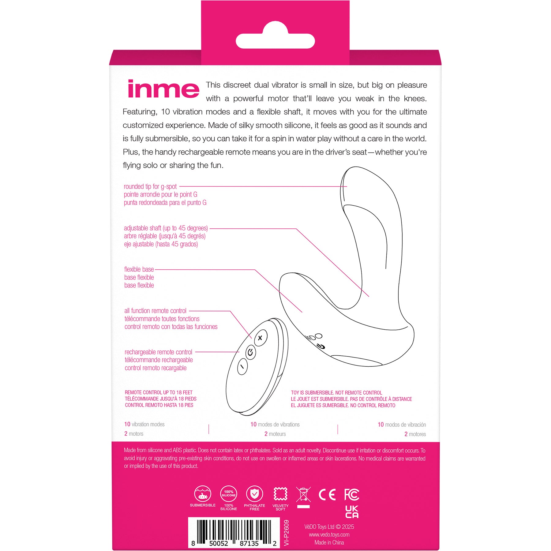 INME Rechargeable Silicone Dual Vibrator With Remote By VeDO - Foxy Pink