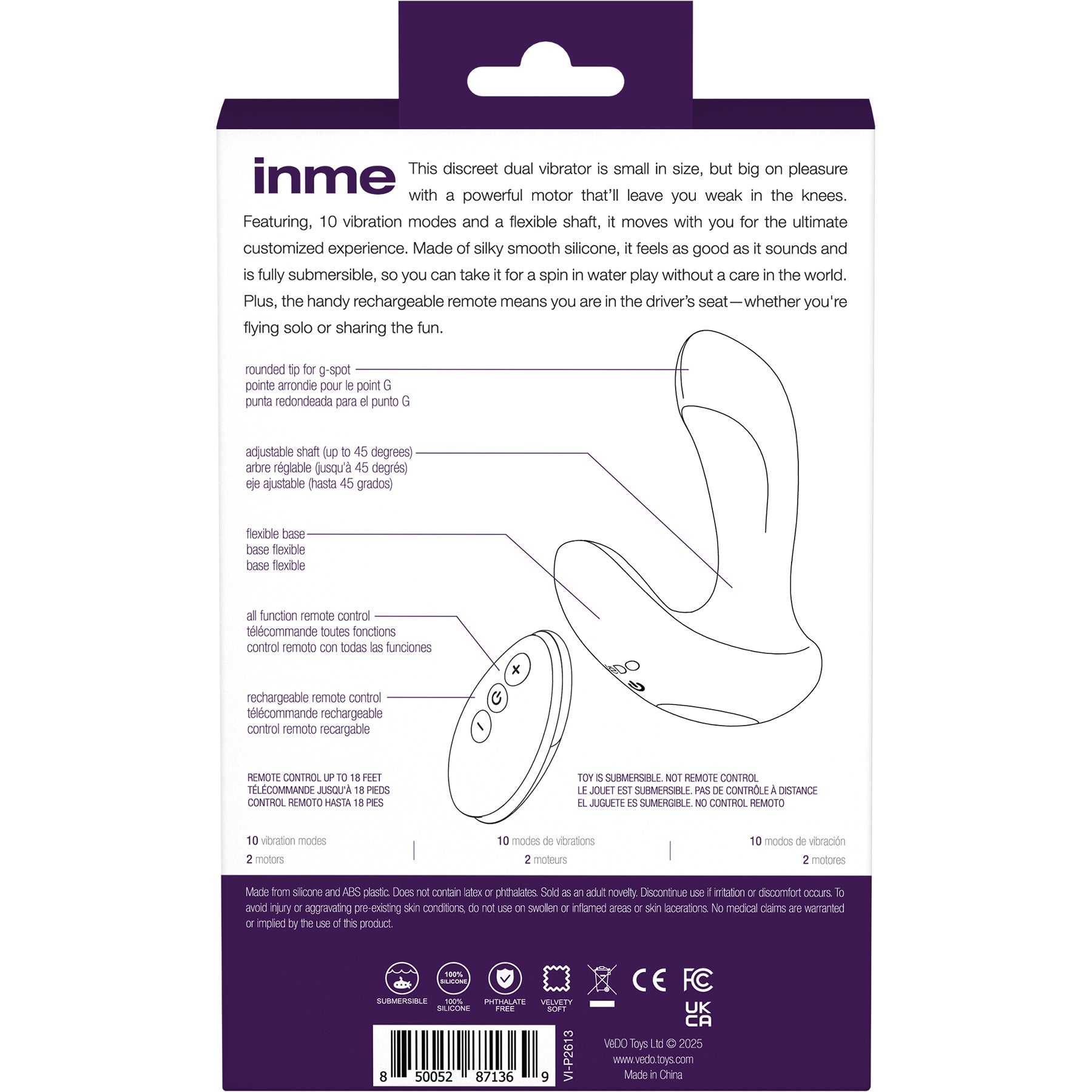 INME Rechargeable Silicone Dual Vibrator With Remote By VeDO - Deep Purple