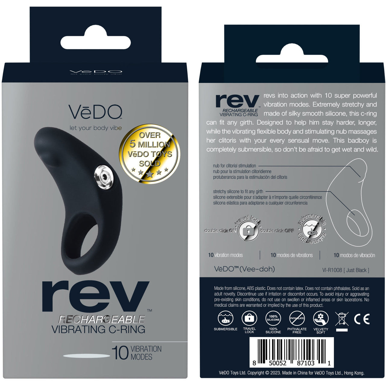 Rev Silicone Rechargeable Waterproof Vibrating Cock Ring By VeDO - Just Black