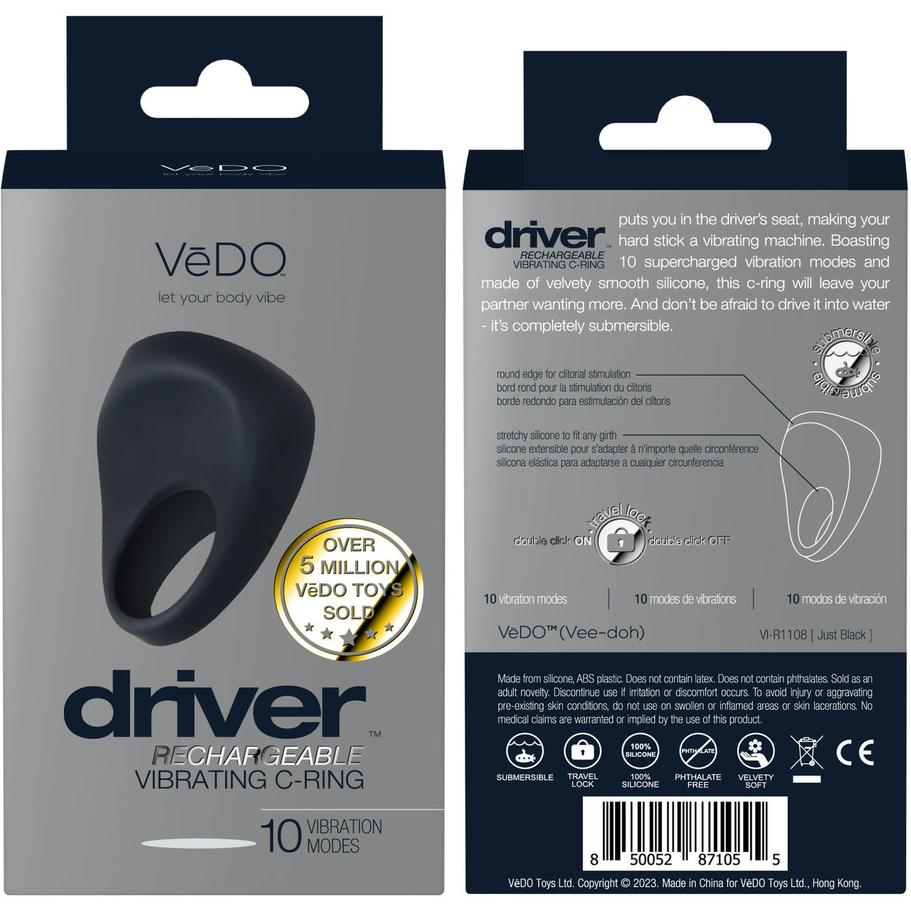 Driver Silicone Rechargeable Waterproof Vibrating Cock Ring By VeDO - Just Black