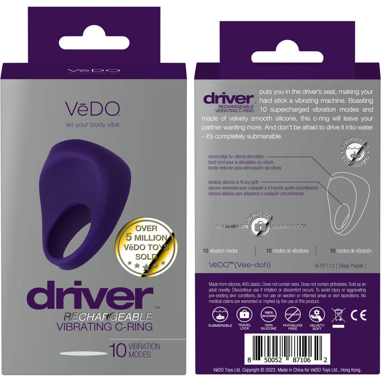 Driver Silicone Rechargeable Waterproof Vibrating Cock Ring By VeDO - Deep Purple