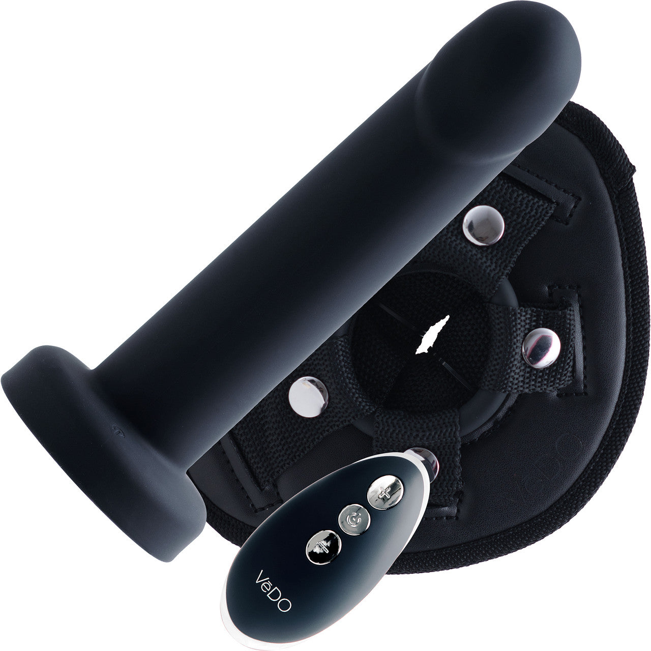 Strapped Silicone Rechargeable Vibrating Strap On With Remote Control By VeDO - Just Black