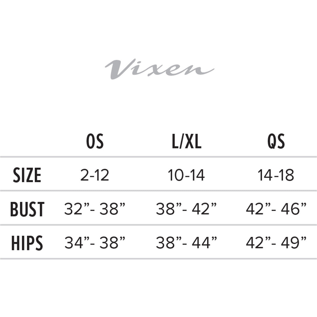 Vixen Perfect Match Lace Bandeau Top & Matching Panty by Fantasy Lingerie Size Chart