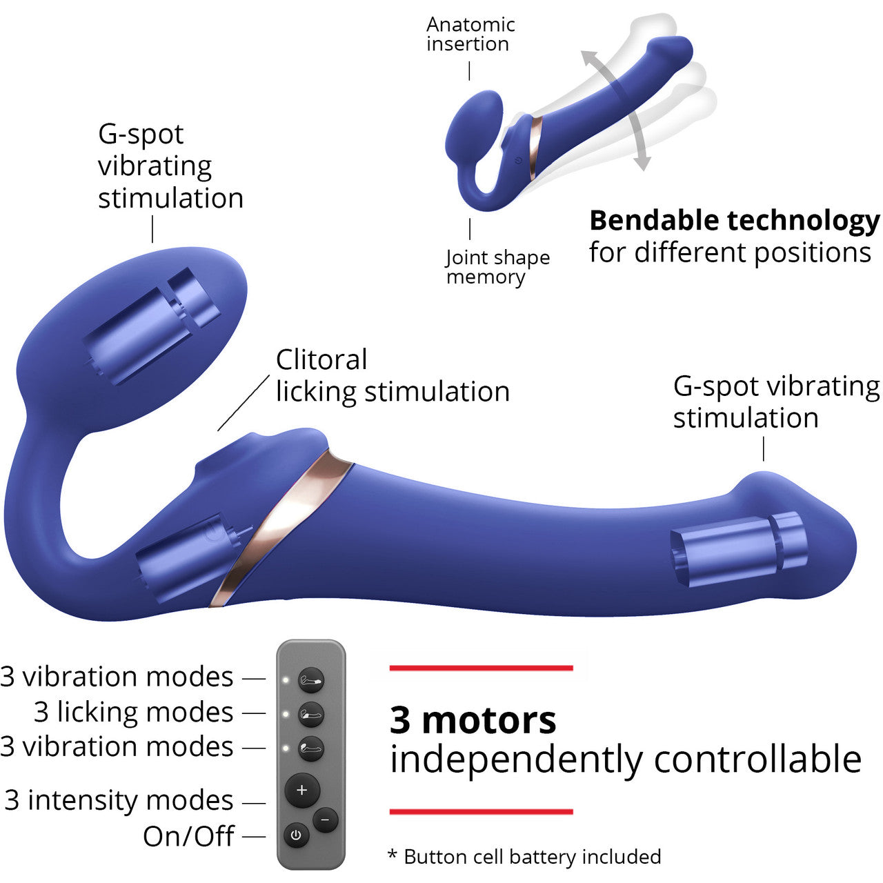 Strap-on-Me Multi Orgasm Silicone Vibrating 3 Motor Remote Control Strapless Strap-On - X-Large Night Blue