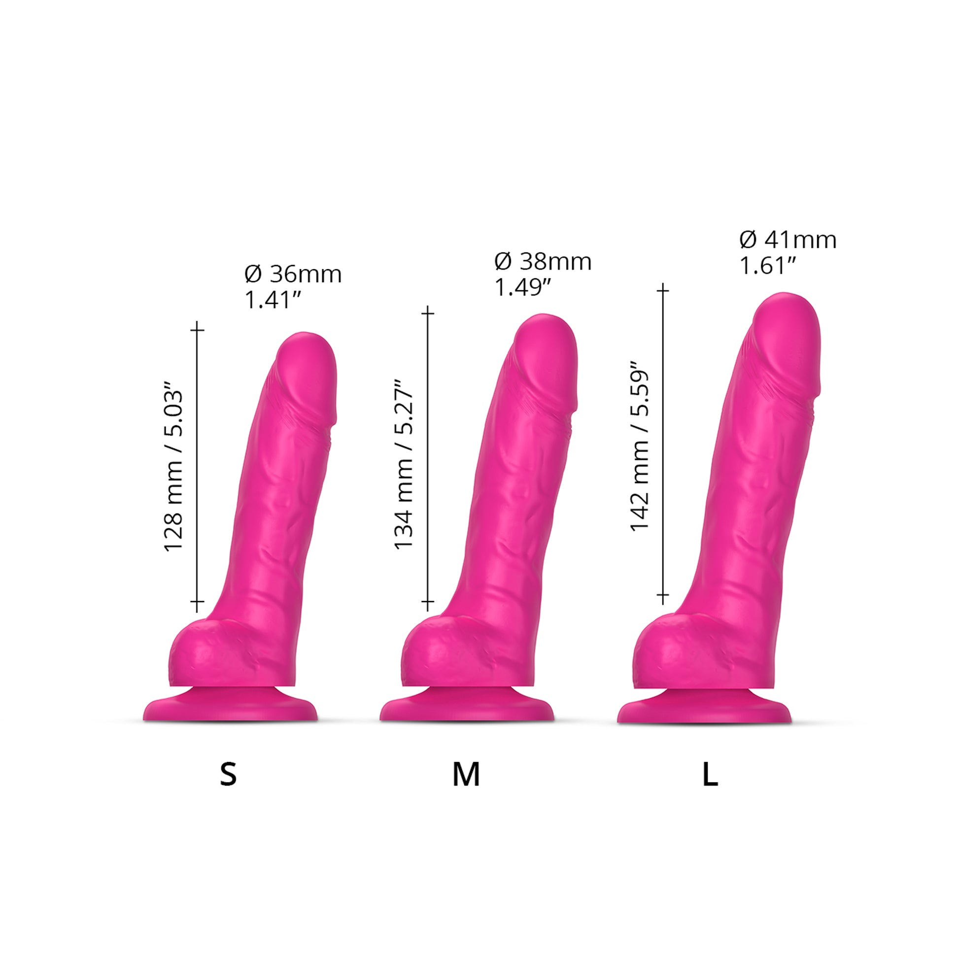 Strap-on-Me Sliding Skin Dual Density Silicone Suction Cup Realistic Dildo - Measurements Chart