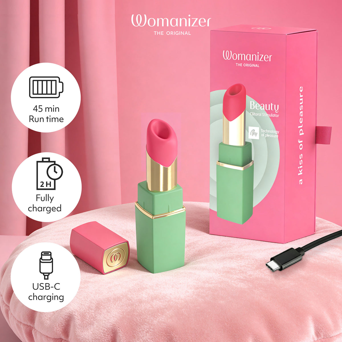 Womanizer Beauty Travel-Friendly Lipstick Pleasure Air Clitoral Stimulator - Infographic