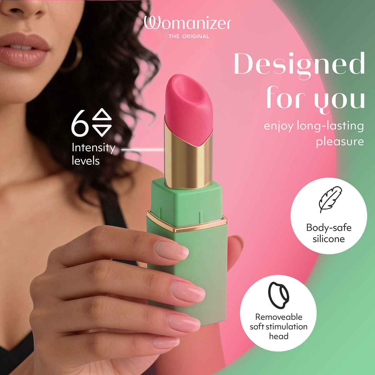 Womanizer Beauty Travel-Friendly Lipstick Pleasure Air Clitoral Stimulator - Infographic