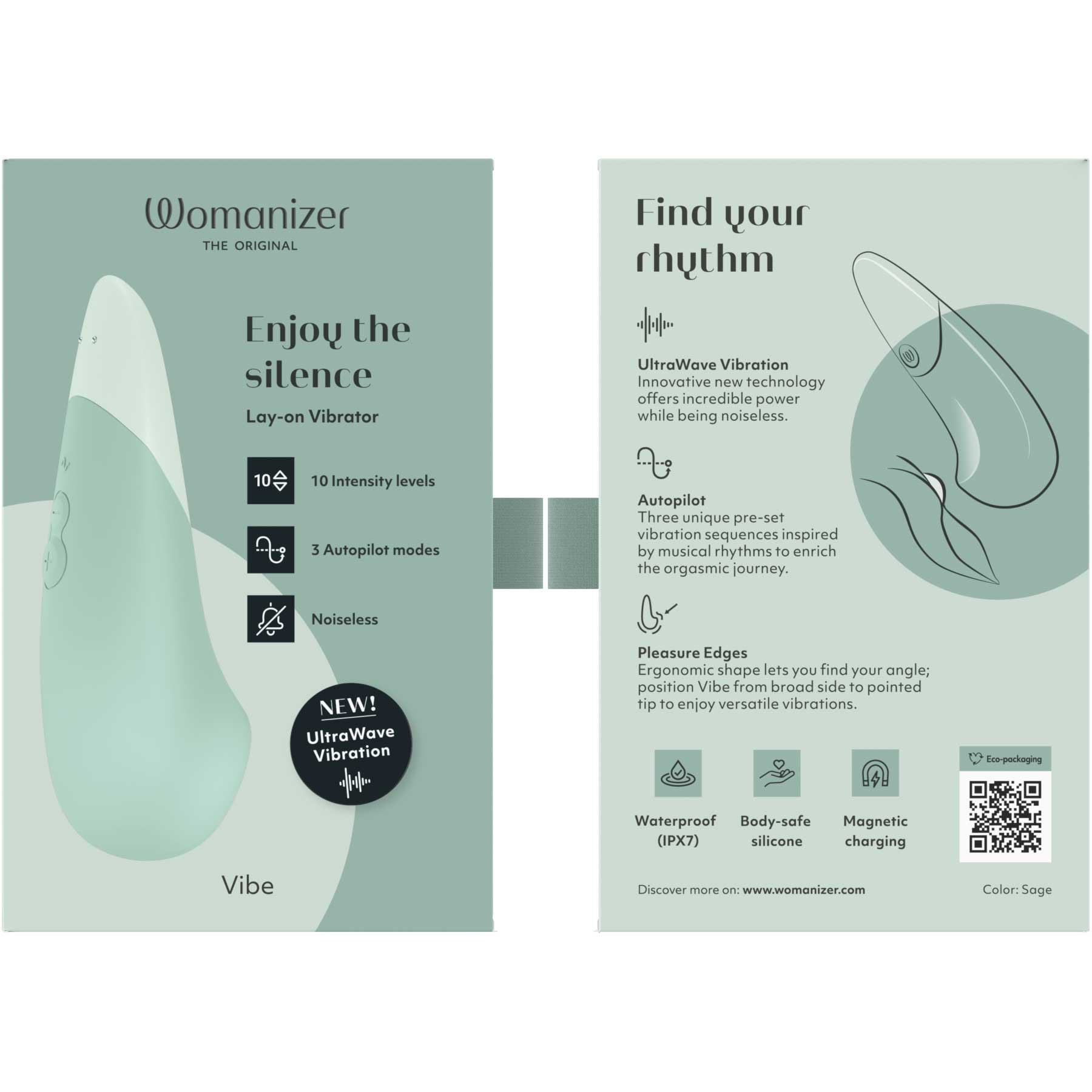 Womanizer Vibe Ultra Quiet Rumbly Silicone Lay-On Vibrator - Sage