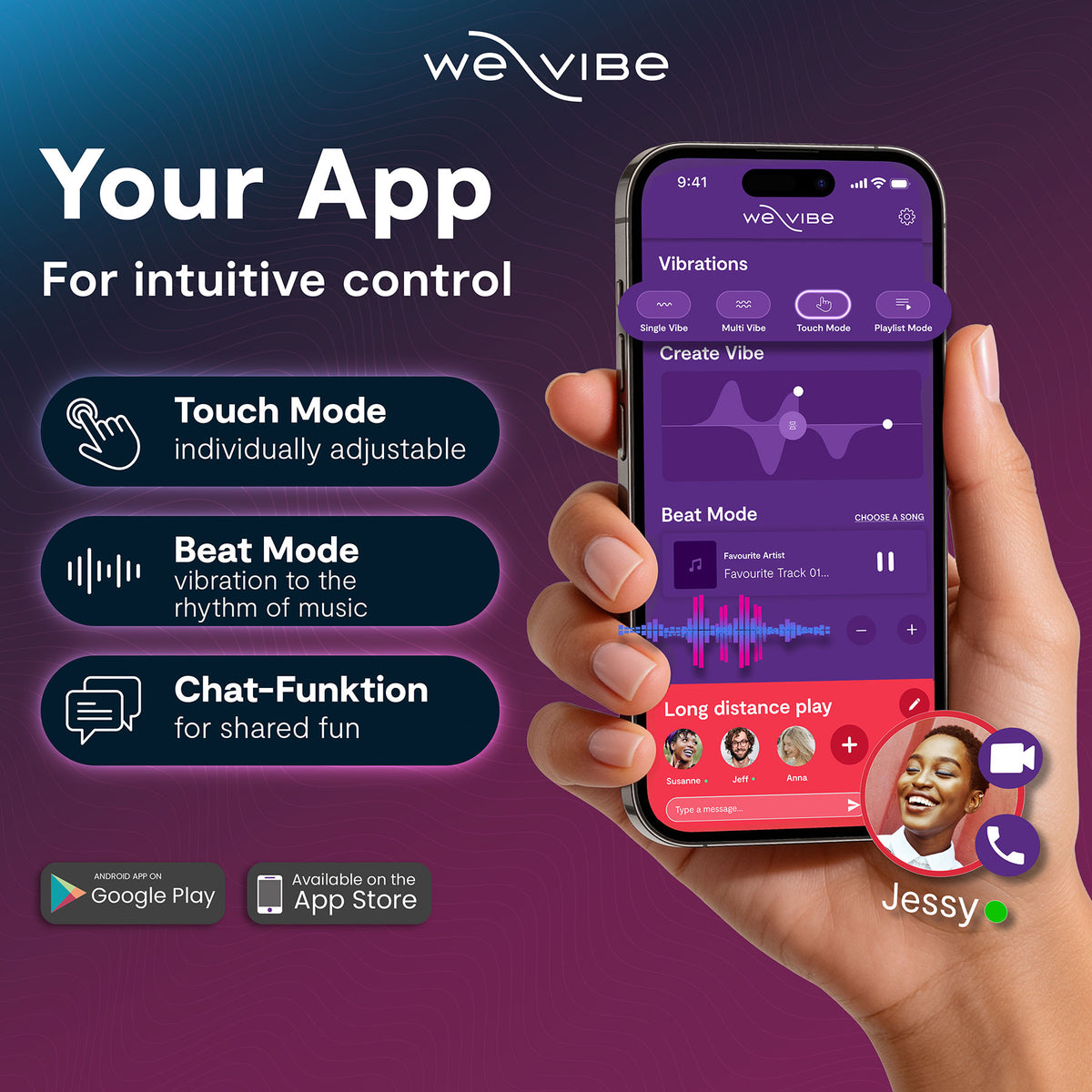 A hand holds a smartphone displaying the wevibe app interface, with promotional text on the left describing touch mode, beat mode, and chat-function features. The background is a purple-to-magenta gradient, and the wevibe brand name appears at the top.