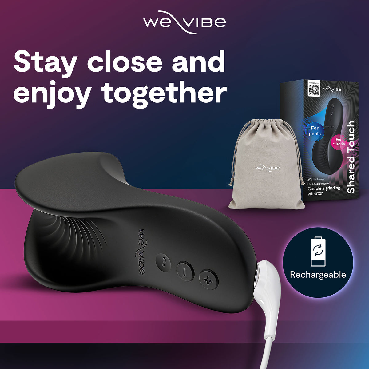 A WeVibe Shared Touch personal massager shown in a clean promotional layout with its box, drawstring pouch, and a white charging cable on a purple-to-blue gradient background. Text reads 'Stay close and enjoy together' and 'Rechargeable'.