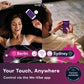 Promotional graphic for the We-Vibe app showing a smiling woman in bed with a phone and a man holding a phone, with text reading 'Your Touch, Anywhere' and 'Control via the We-Vibe app'.
