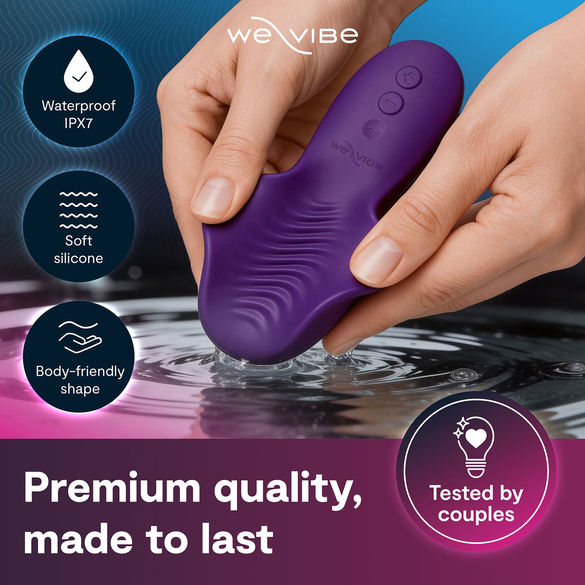 A purple We-Vibe waterproof and soft silicone personal massager being held by two hands over rippling water, with feature callouts on the left and a 'Tested by couples' badge on the bottom right.