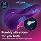 A purple and blue We-Vibe dual-stimulation vibrator shown on a pink and purple gradient background with marketing text and callout circles explaining synchronized vibrations and shared pleasure.
