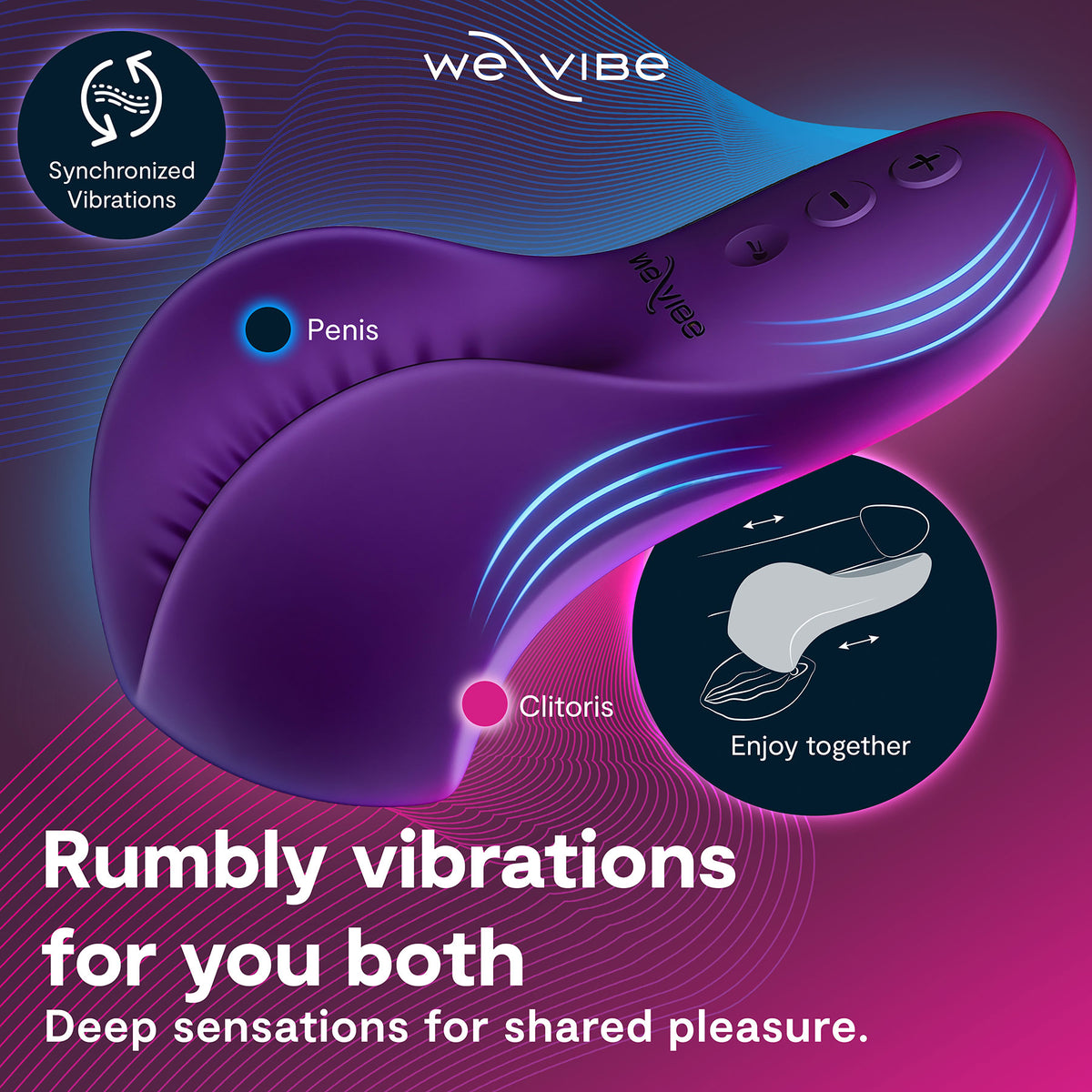 A purple and blue We-Vibe dual-stimulation vibrator shown on a pink and purple gradient background with marketing text and callout circles explaining synchronized vibrations and shared pleasure.