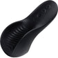 Black personal massager wand with a curved ergonomic design, textured interior, and three control buttons on the underside, shown on a white background.
