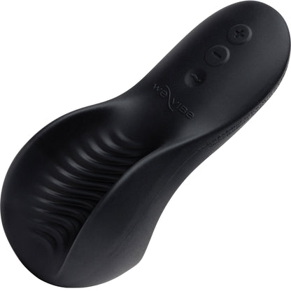 Black personal massager wand with a curved ergonomic design, textured interior, and three control buttons on the underside, shown on a white background.