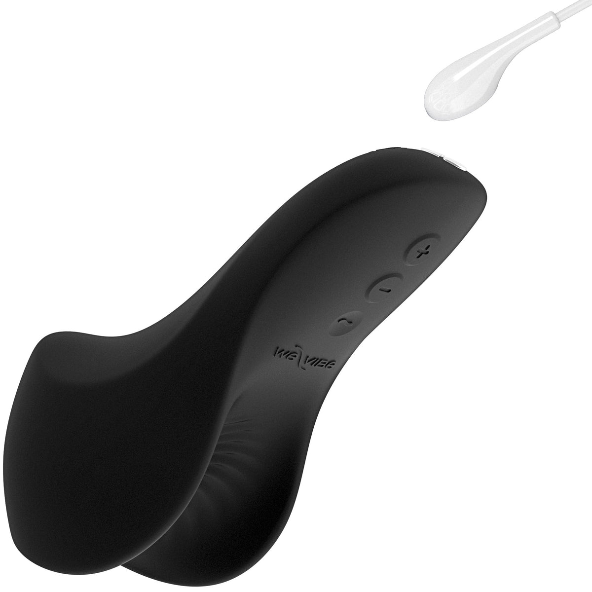 Black personal massager with a curved ergonomic design and three control buttons, shown on a white background with a small inset of a white charging cable.
