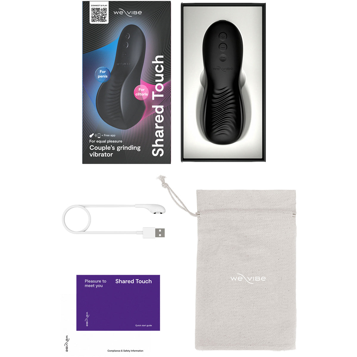 We-Vibe Shared Touch couple's grinding vibrator set, featuring the black textured vibrator, its retail packaging, a white USB charging cable, a purple instruction card, and a light gray drawstring storage pouch on a white background.