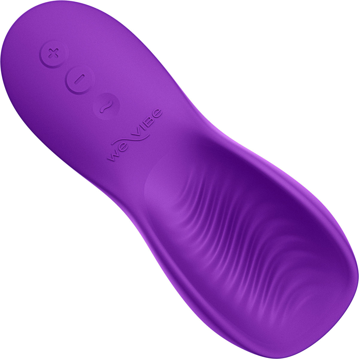 Purple personal massager insert with wave-patterned interior and three control buttons on the outer surface, shown on a plain white background.